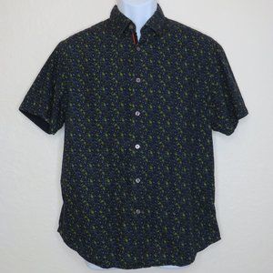 Denim & Flower* Men's Short Sleeve Button Down Curved Hem BOHO Shirt~ Size Large